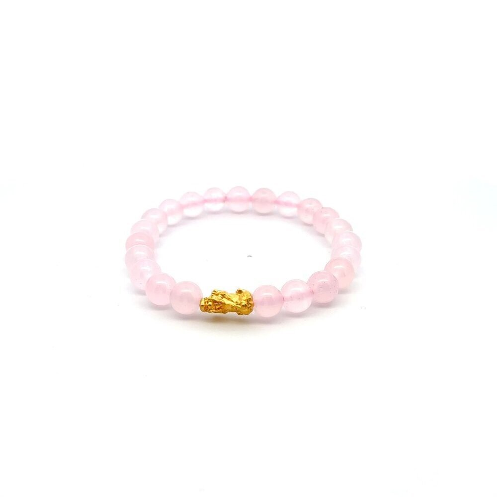 24K Gold Piyao Pixiu Lucky Charm Bracelet Gemstones Rose Quartz 8mm S6.75"